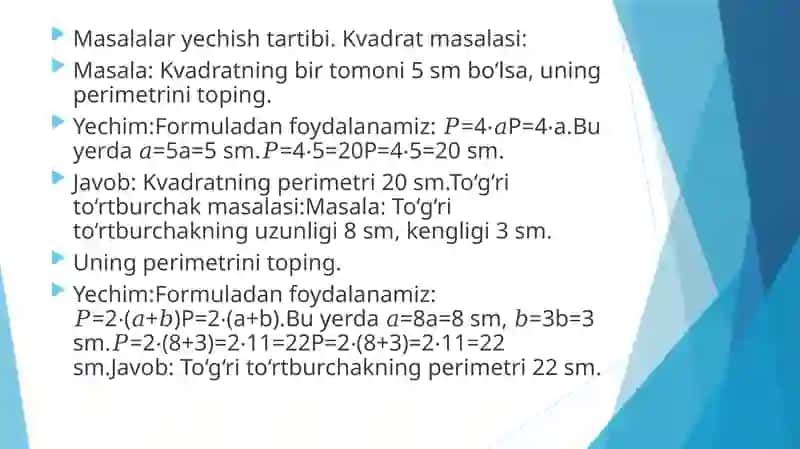Kvadrat va to‘g‘ri to‘rtburchakning perimetri topish masalalari yechish 3