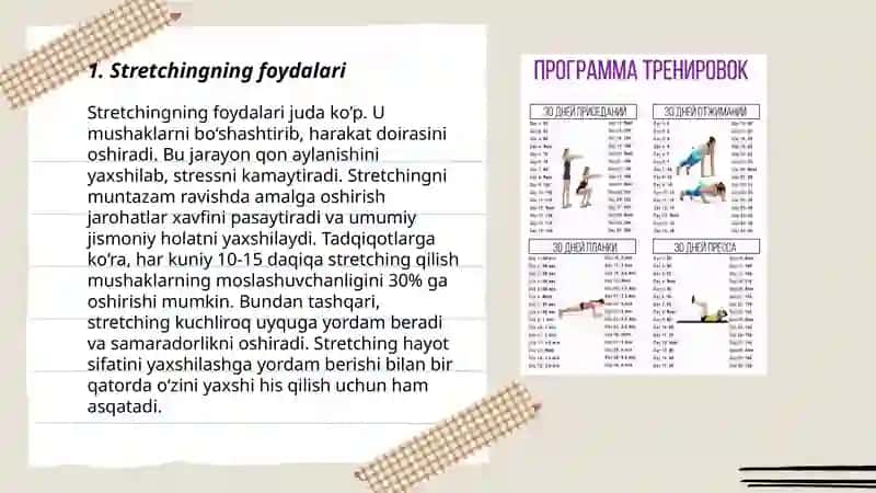 Stretching, kallenetika, pilates kabi zamonaviy sog'lomlashtirish turlari bo'yicha mashqlar 3