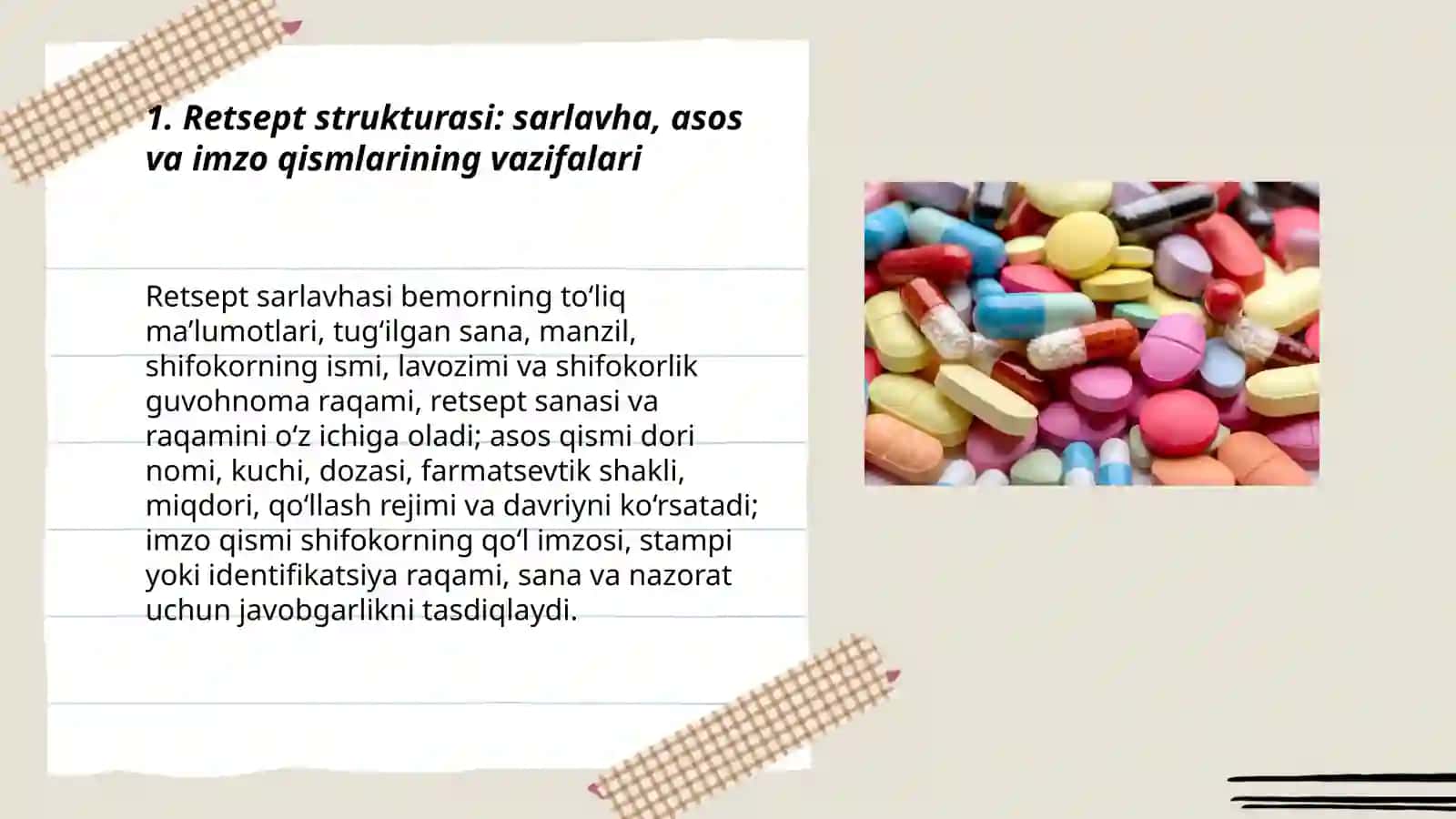 Retsept strukturasi. Retsept yozish qoidalari. Tabletka, shamchalar va ko'z plyonkalari yozishda tushum kelishigining qo'llanishi 3