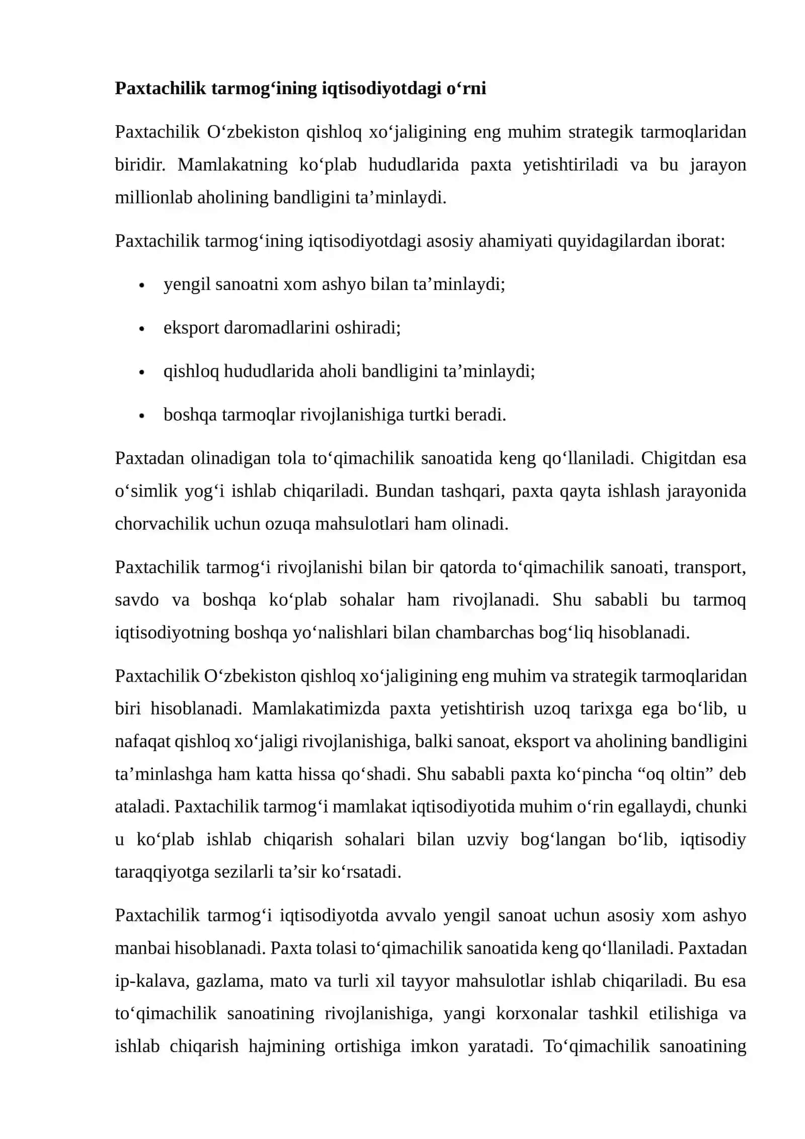 PAXTACHILIK TARMOGʻINING IQTISODIY SAMARADORLIGI 3