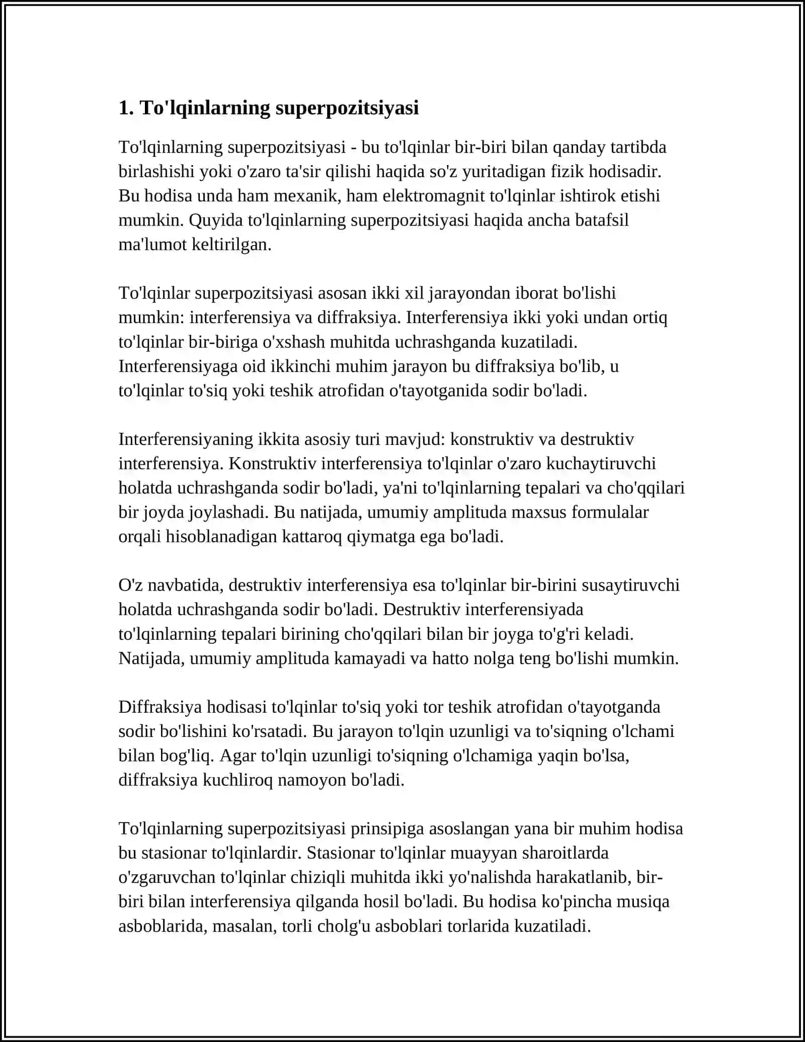 TO'LQINLAR SUPERPOZISIYA PRINSIPI. TO 'LGINLAR KOGERENTLIGI VA KOGERENTLIK SHARTLARI. TO'IGINLAR INTERFERENSIYASI 3