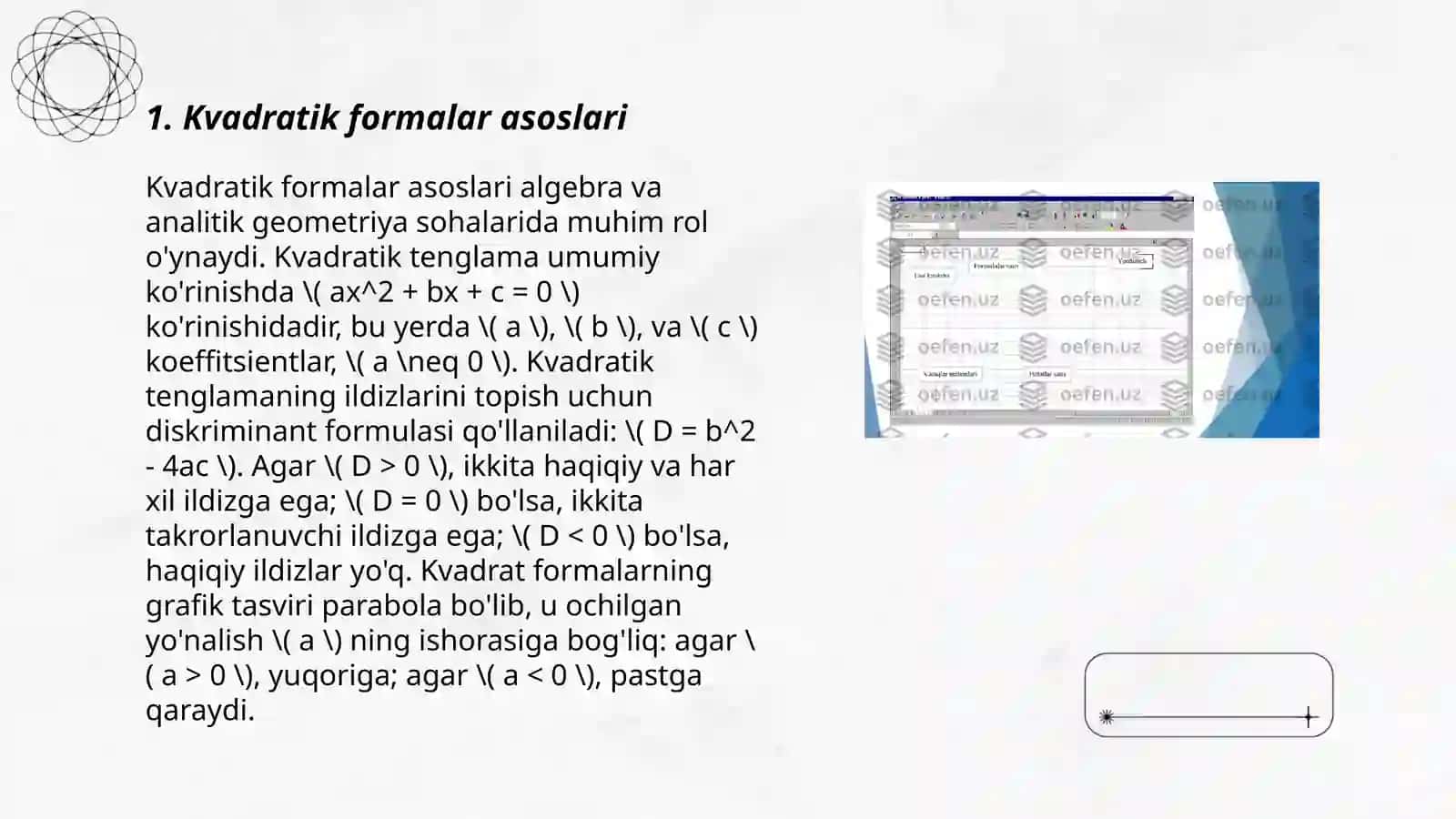 Musbat aniqlangan kvadratik formulalar Inersiya qonuni 3