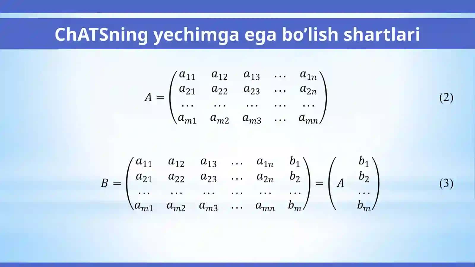 Chiziqlialgebraiktenglamalar sistemasini Kramer,Gauss va matritsalarda yechish.Birjinsli chiziqli algebraik tenglamalar sistemasi 3