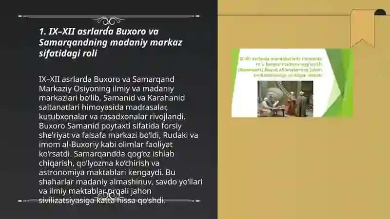 IX–XII asrlarda Buxoro va Samarqandning madaniy markaz sifatidagi roli 3