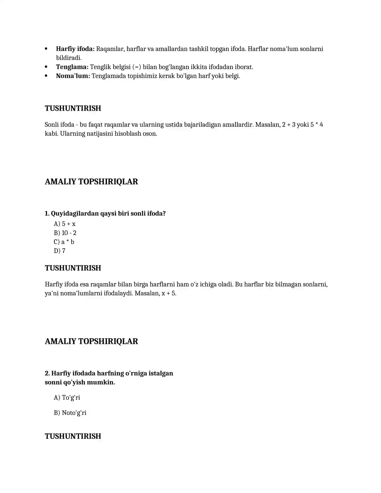 Lesson on Ifodalar: Sonli va harfiy ifodalar, tenglamalar (noma'lum sonni topish) 3