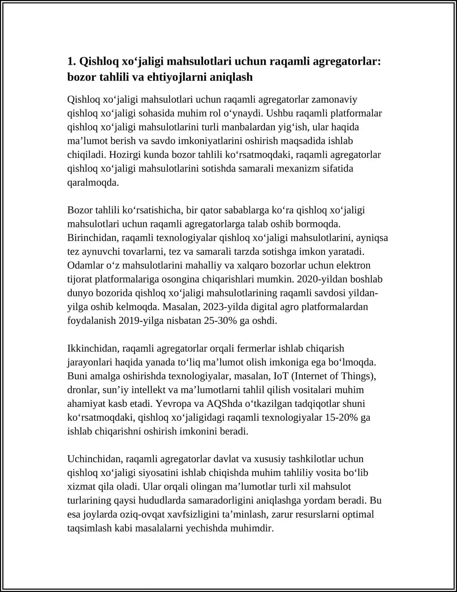 Qishloq xo‘jaligi mahsulotlari uchun raqamli agregatorlar va platformalarni ishlab chiqish 3