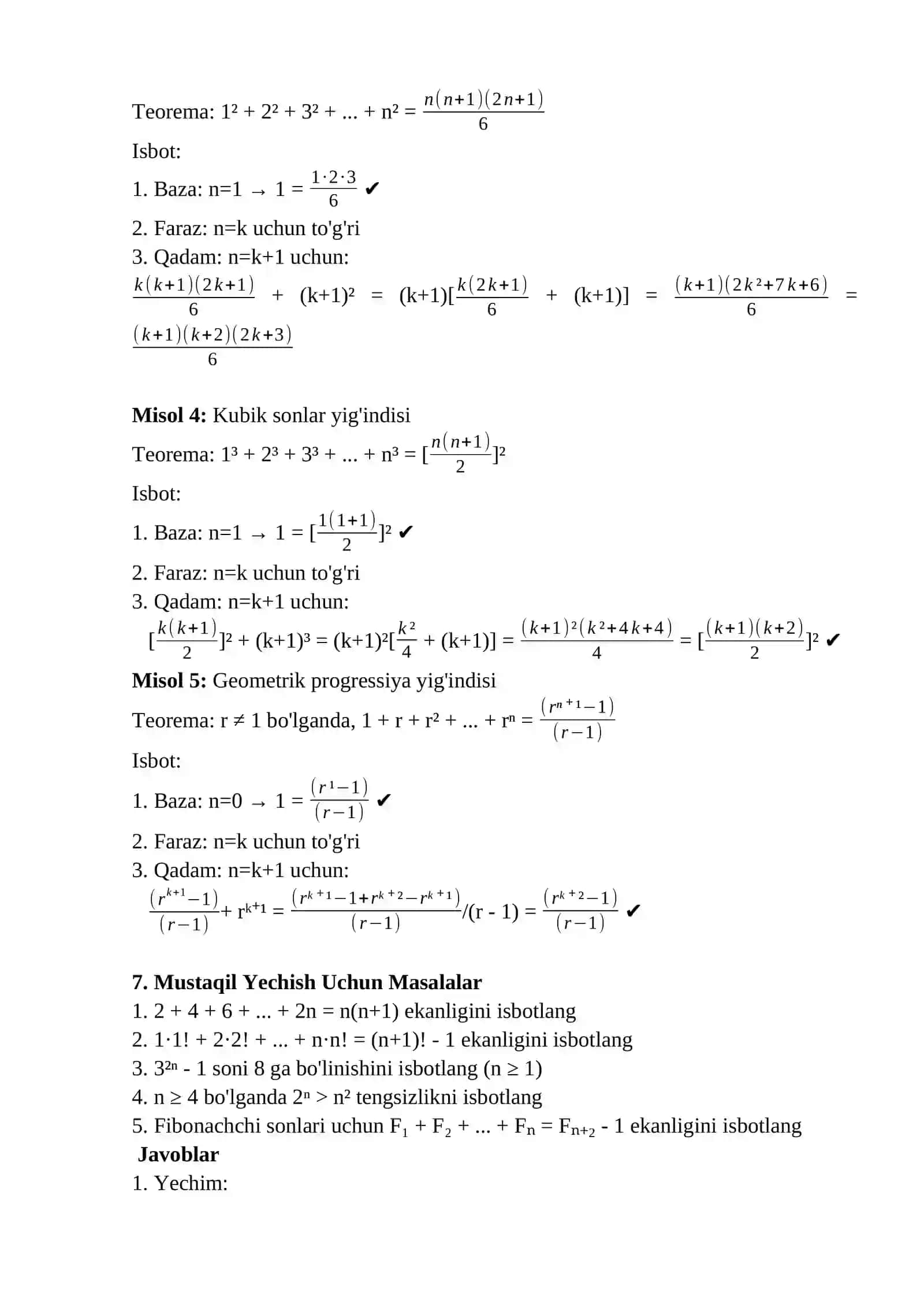 Matematik induksiya metodi. Matematik induksiya metodi yordamida ayniyatlarni isbotlash 3