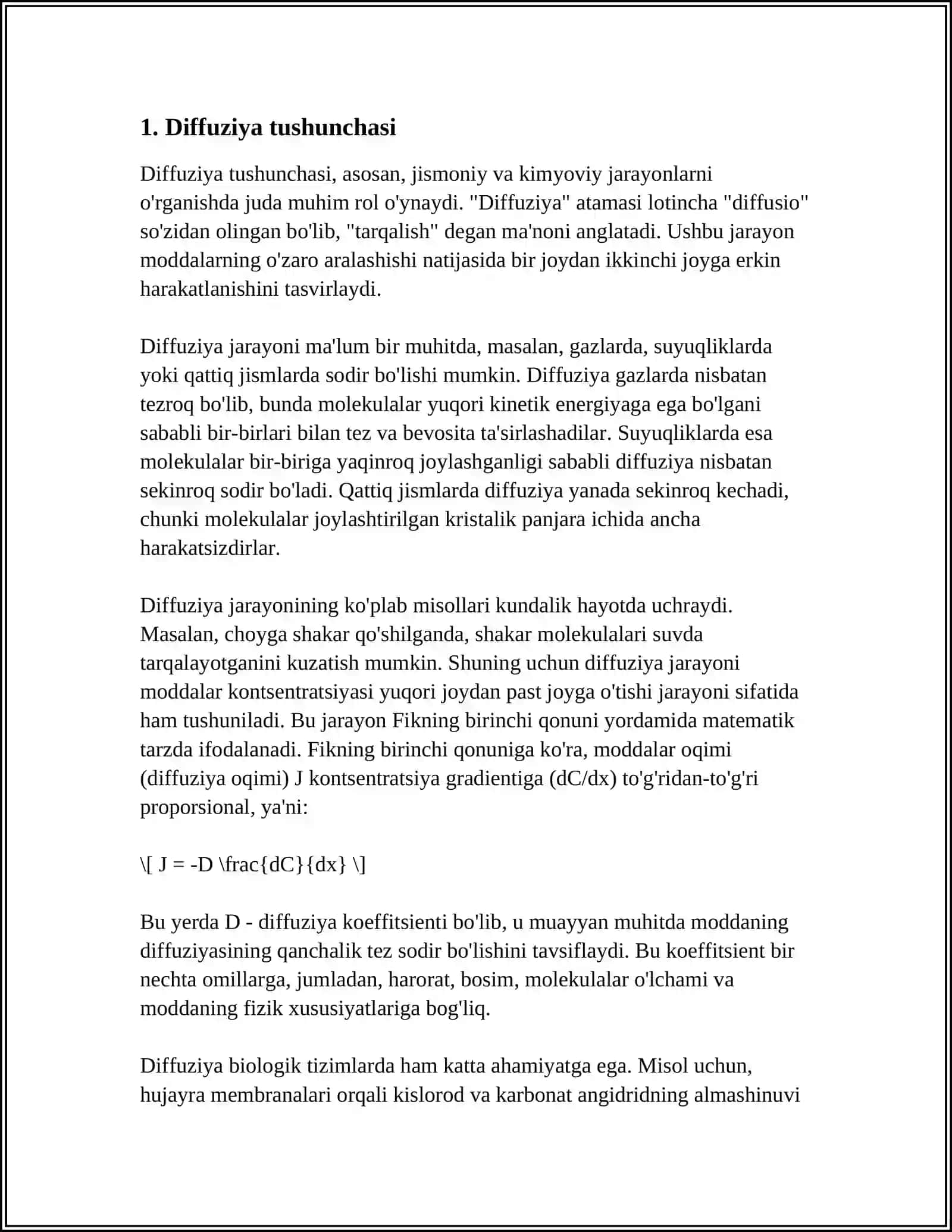 KOʻCHISH HODISALARI. DIFFUZIYA, ISSIQLIK OʻTKAZUVCHANLIK VA QOVUSHQOQLIK. FAZAVIY OʻTISHLAR 3