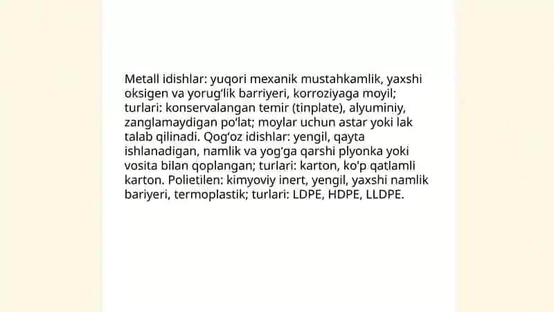 Yogʻ va moylarni metall va qogʻoz polietelin idishlarga qadoqlashga tayyorlash 3