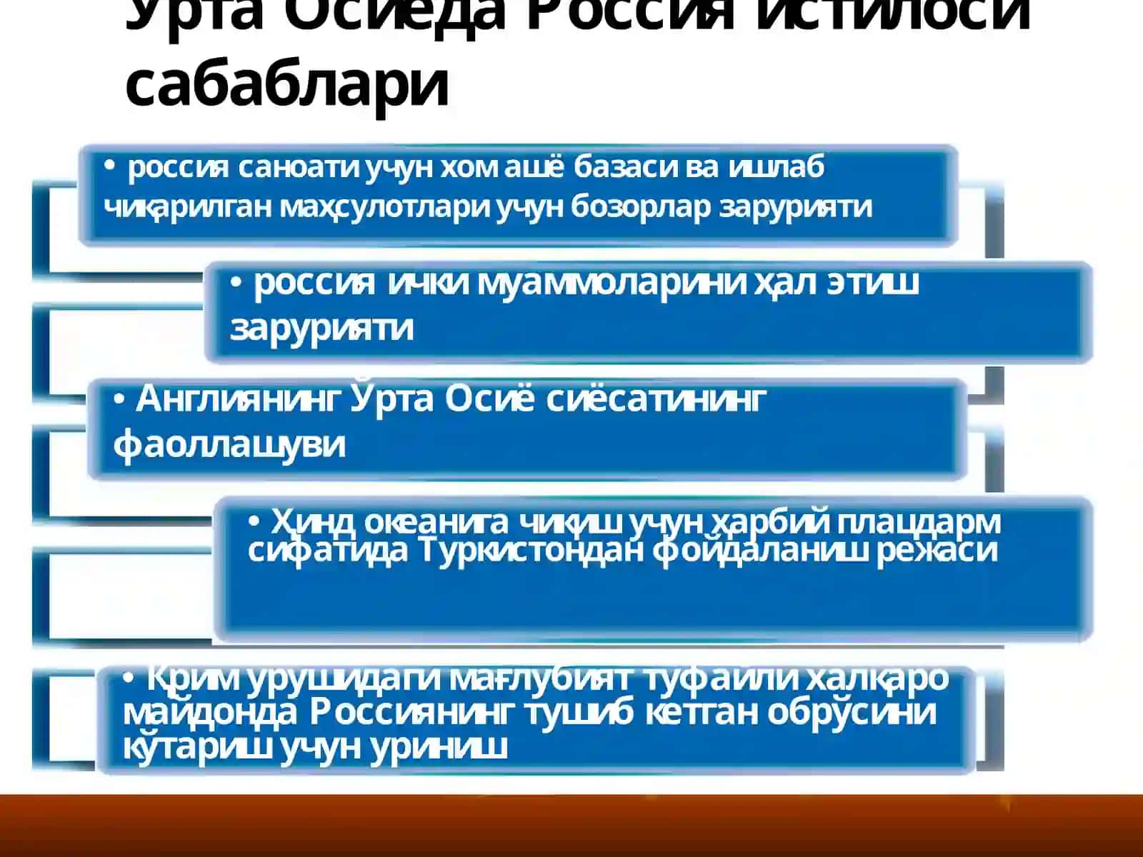 Ўзбек хонликларининг Россия империяси томонидан босиб олиниши. Мустамлакачилик зулмига қарши миллий озодлик ҳаракати. Жадидчилик 3