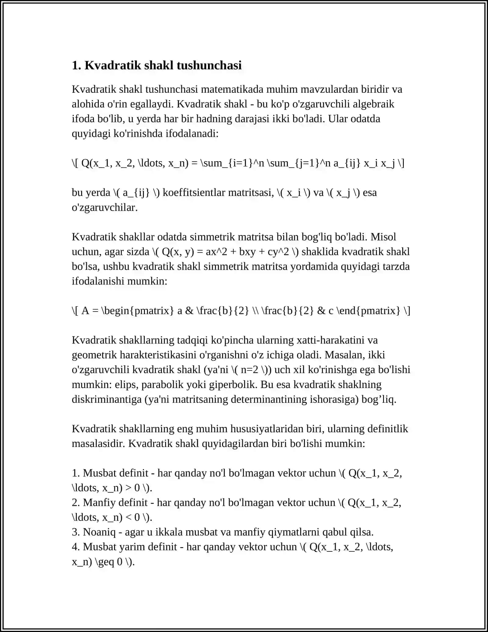 KVADRATIK FORMA VA UNI KANONIK KÒRINISHGA KELTIRISH 3