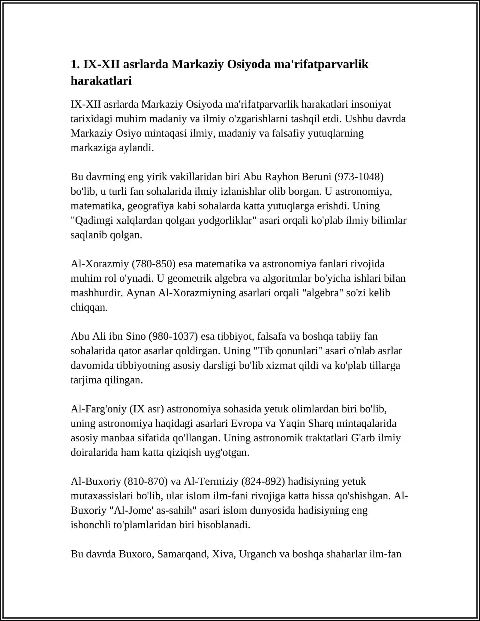 9-12 ASRLARDA MAMLAKATIMIZ HUDUDIDA ROʻY BERGAN MADANIY UYGʻONISH BUYUK ALLOMALARIMIZNING JAHON SIVILIZATSIYASIGA QOʻSHGAN HISSASI 3