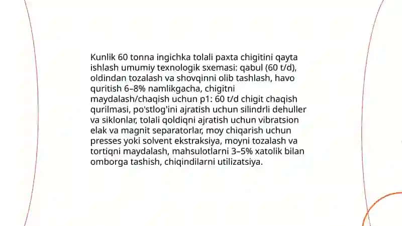 60tonna ingichka tolali paxta chigitini chaqish va ajratish texnologiyasi 3