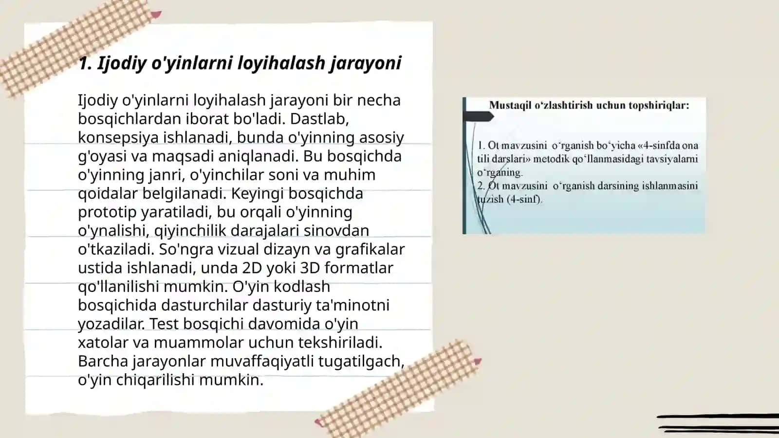 O’yin mashqlar uchun topshiriqlar tuzish. Ijodiy o’yin ishlanmasini loyihalash. Konferensiya uchun material tayyorlash 3