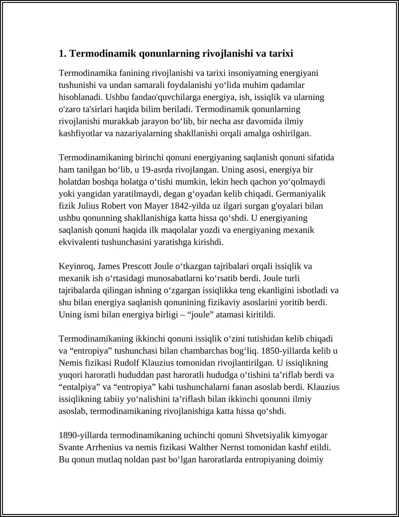 TERMODINAMIKANING BIRINCHI ASOSIY QONUNINING QOʻLLANILISHI. REFERAT 3