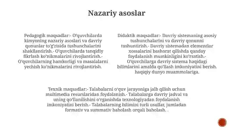 Davriy Qonun Va D.Mendeleyevning Kimyoviy Elementardavriy Sistemasi Mavzudagi Modulli Darsning Texnologik Xaritasini Ishlab Chiqish Metodikasi 3