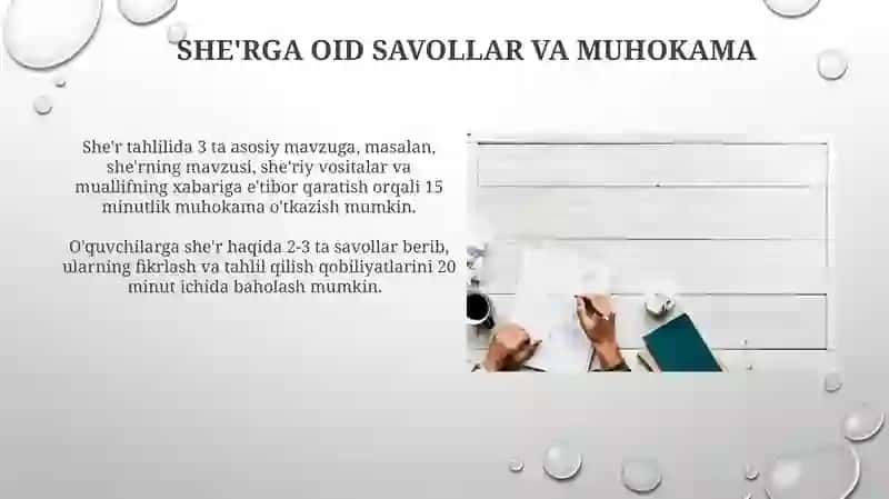 She'riy asarlarni oʻqitish boʻyicha bir soatlik dars ishlanmasi tuzish 3
