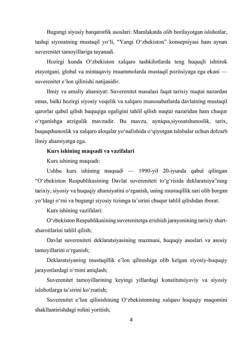 O‘zbekiston davlat suverenitetining e’lon qilinishi kurs ishi 3