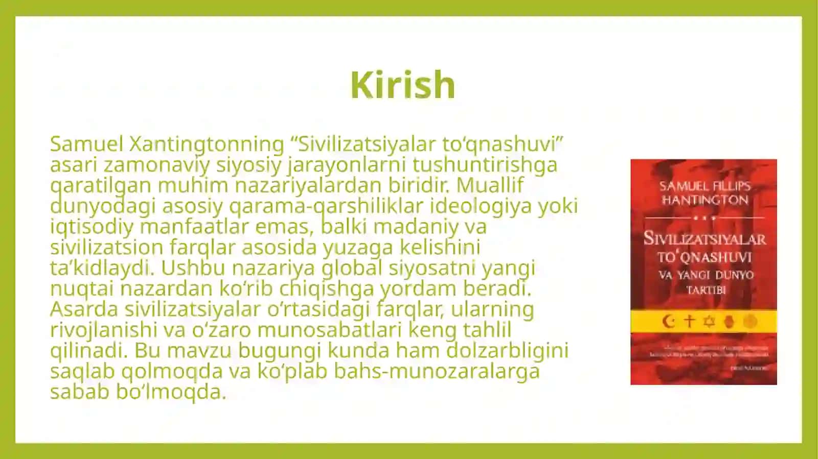 S.Xantingtonning sivilizatsiyalar to'qnashuvi asari 3