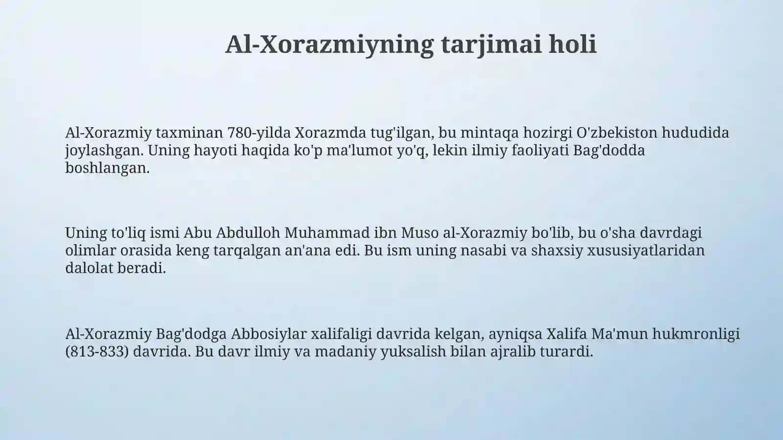 Al-Xorazmiyning bayt ul-hikmadagi faoliyat 3