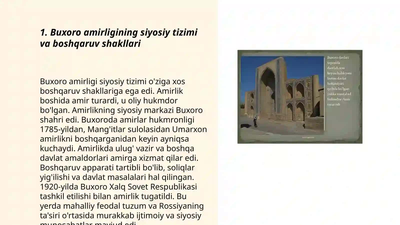 Buxoro amirligining siyosiy, ijtimoiy-iqtisodiy, madaniy hayotiga sayohat 3
