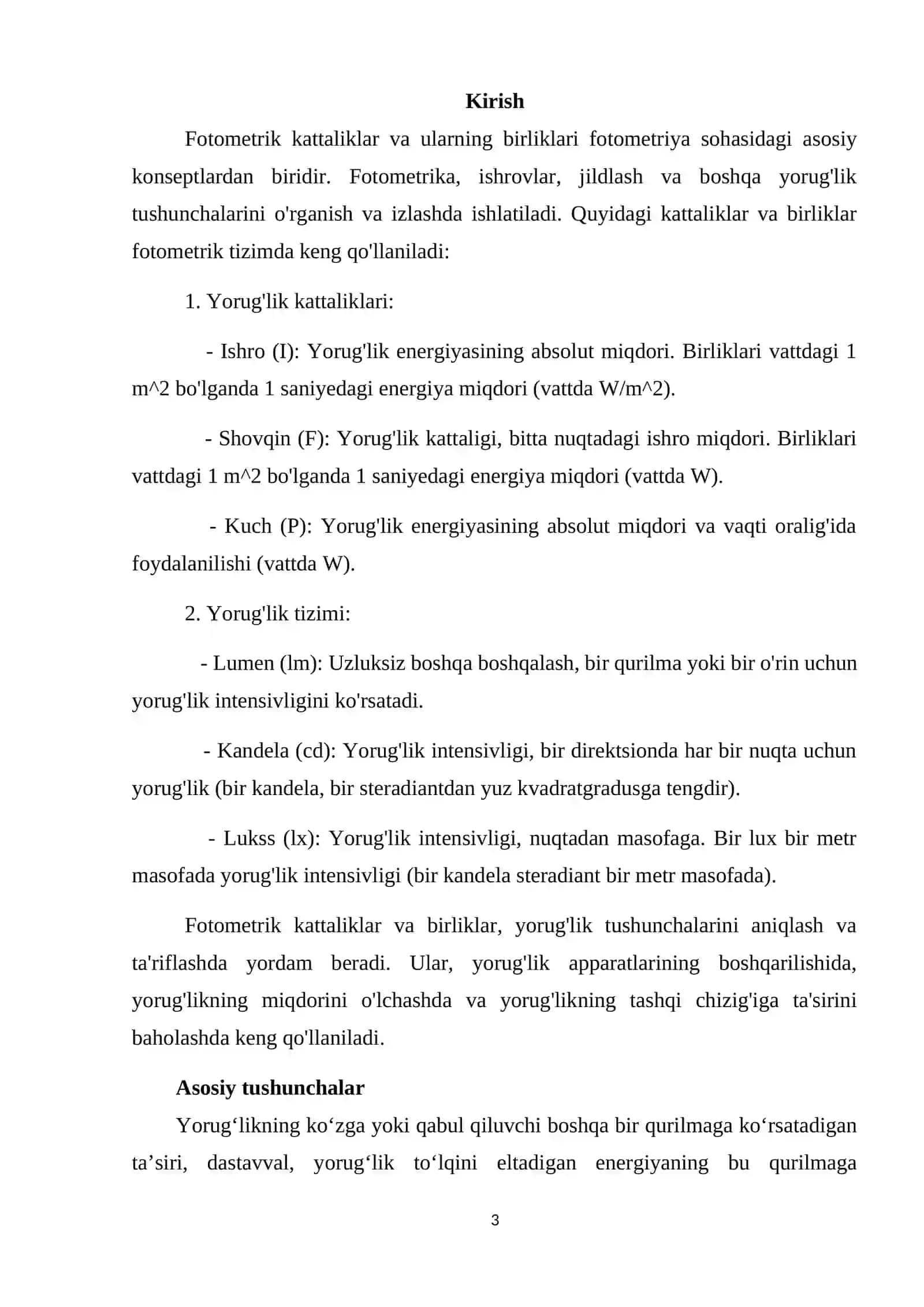 Fotometrik kattaliklar va ularning birliklar 3