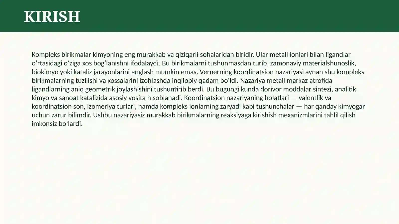 KOMPLEKS BIRIKMALAR. VERNERNING KOORDINATSION NAZARIYASI. KOORDINATSION NAZARIYANING HOLATLARI 3