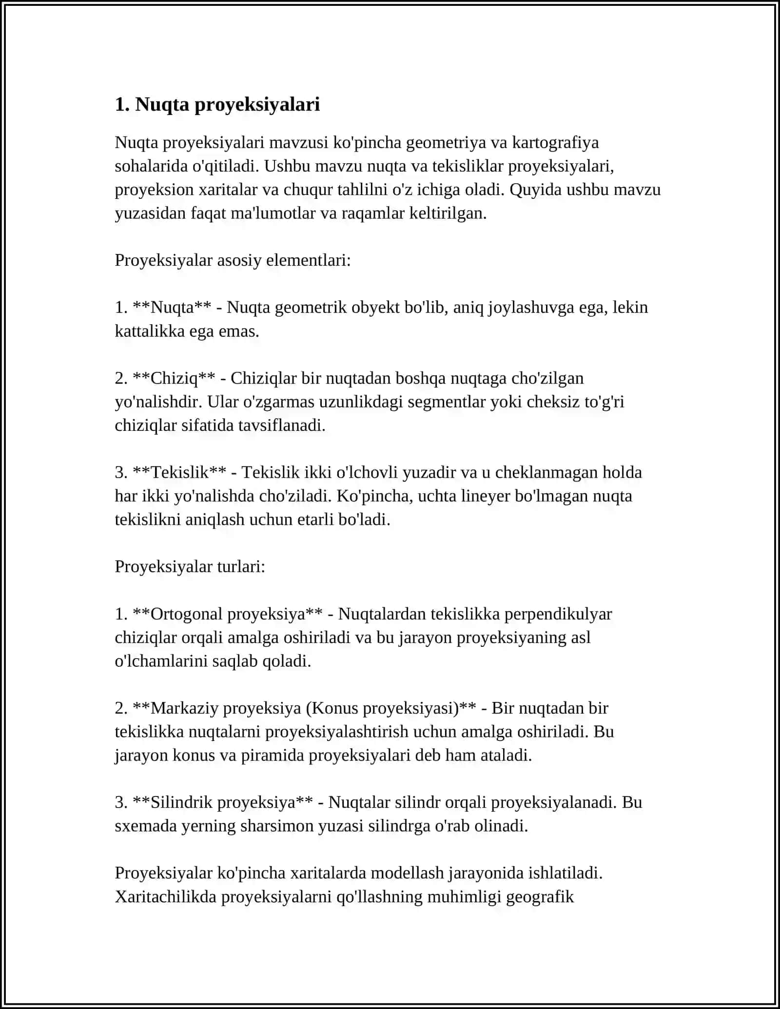 NUQTA, GEOMETRIK FIGURA VA PREDMETLARNING TIKLANISH XUSUSIYATIGA EGA BOʻLGAN PROYEKSIYALARI 3