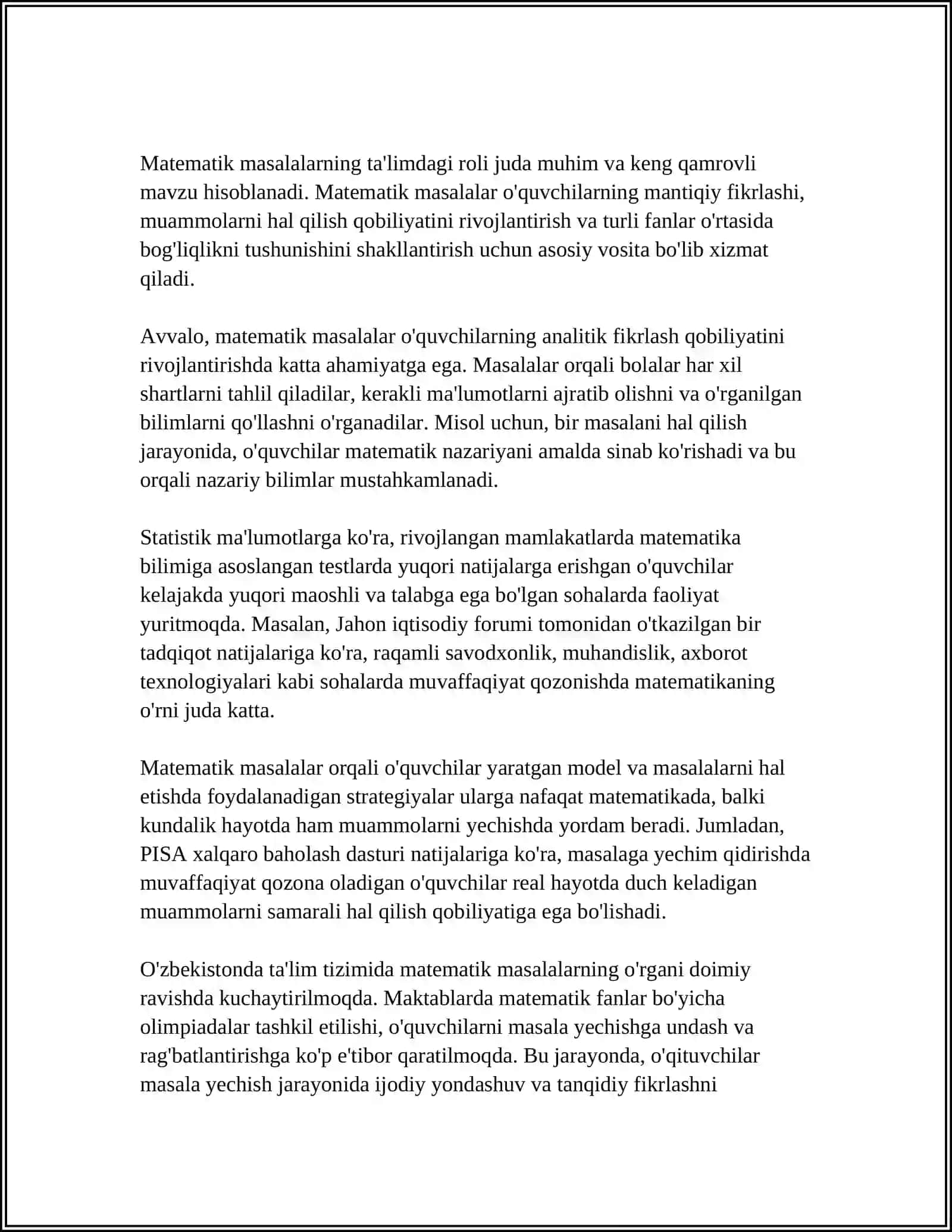 REFERAT Mavzu: MATEMATIKANI O'QITISHDA MASALALARNING O'RNI VA ROLI,O'QUVCHILARNI MATNLI MASALALAR YECHISHGA O'RGATISH METODIKASI 3