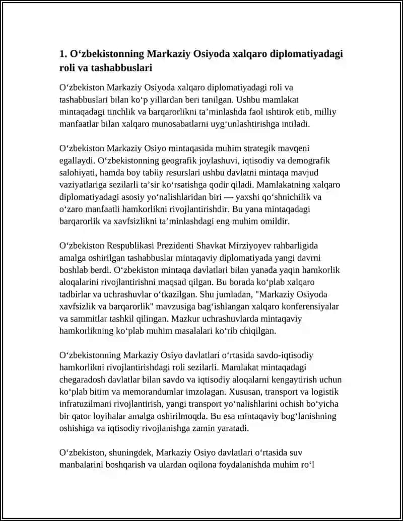 OʻZBEKISTONNING MARKAZIY OSIYODA TINCHLIK VA BARQARORLIKNI TAMINLASHDAGI ORNI 3