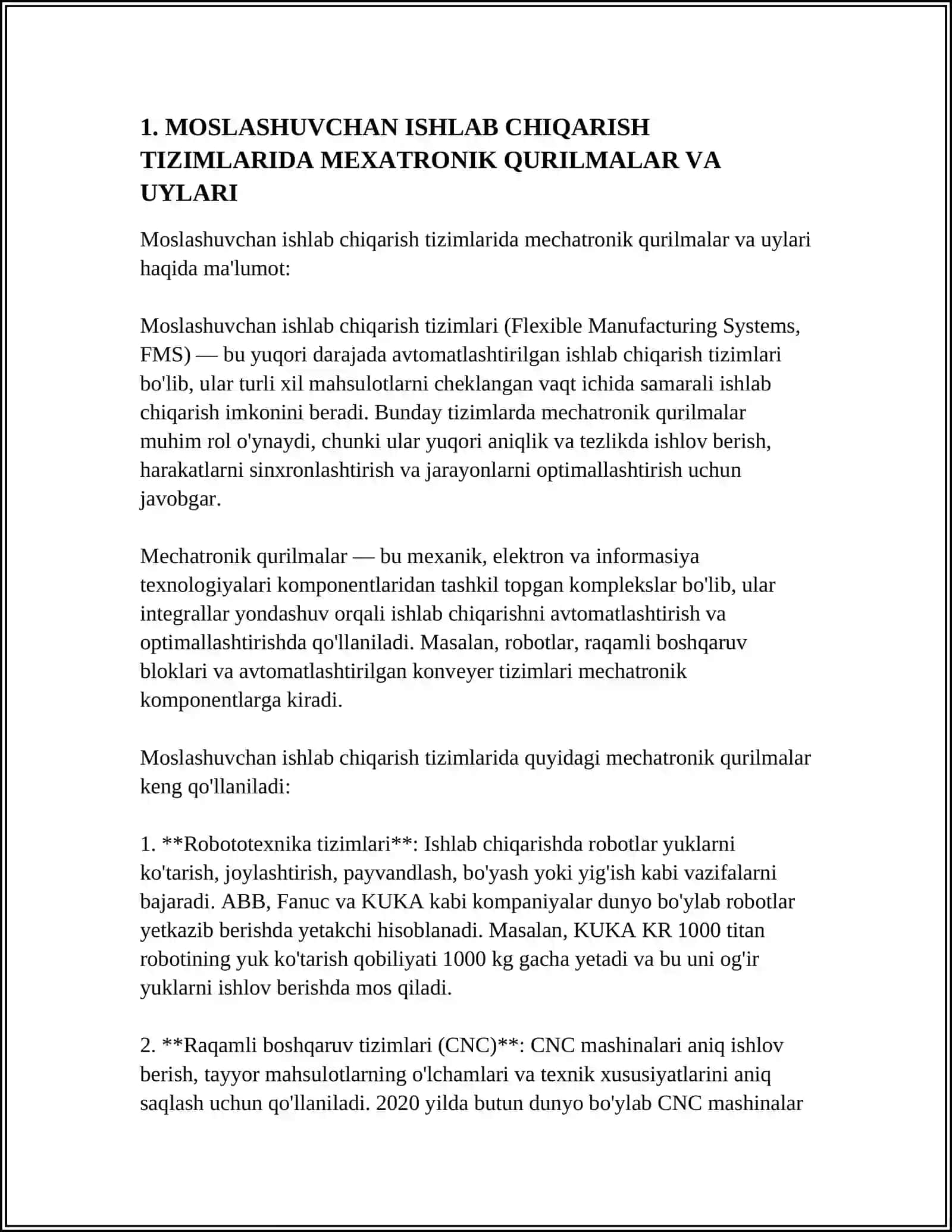 Moslashuvchan ishlab chiqarish tizimlarida mechatronik qurilmalar va uylari 3