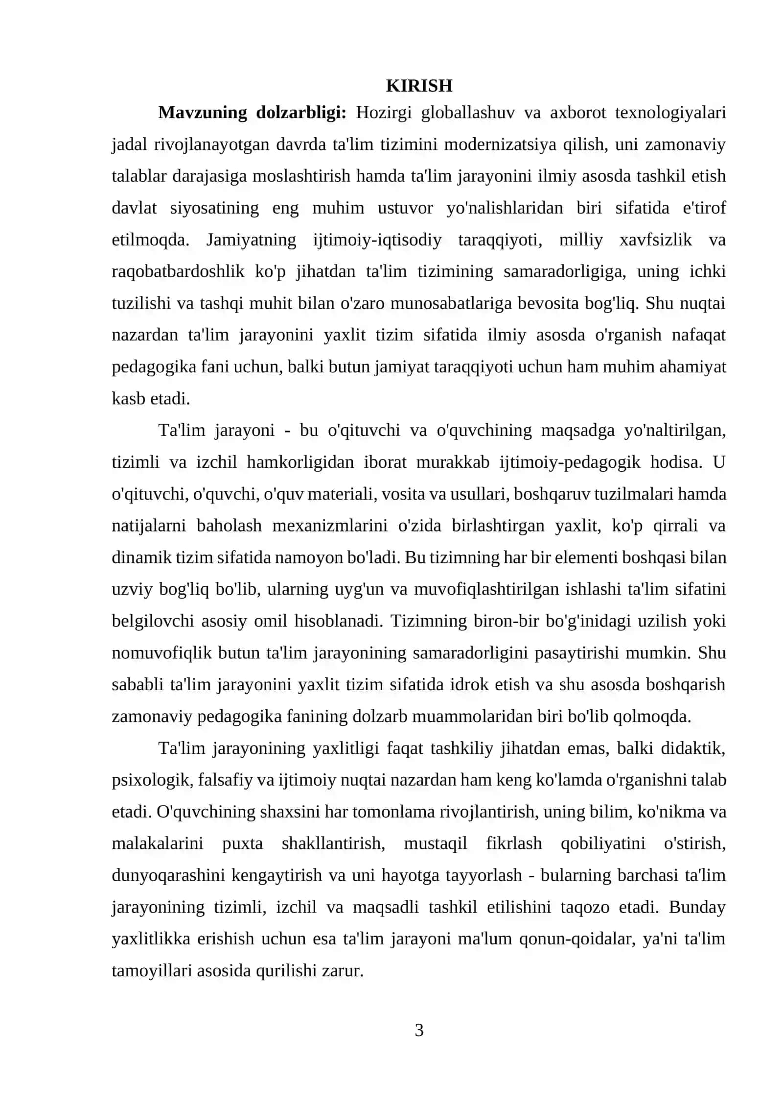 TA‘LIM JARAYONI YAXLIT TIZIM SIFATIDA. TA‘LIM TAMOYILLARI 3