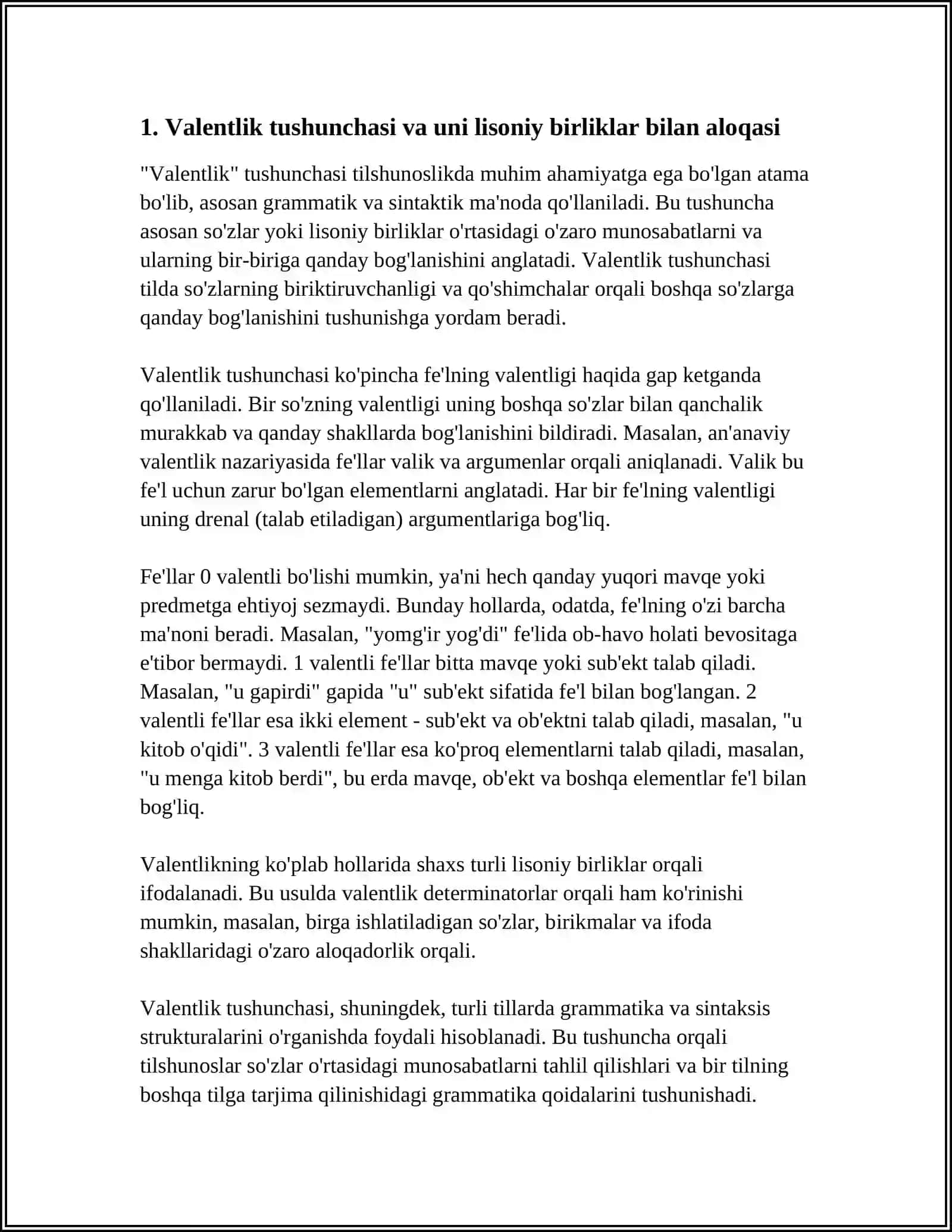 VALENTLIK VA SINTAKTIK ALOQA:NUTQIY VA LISONIY BIRLIK SIFATIDA 3