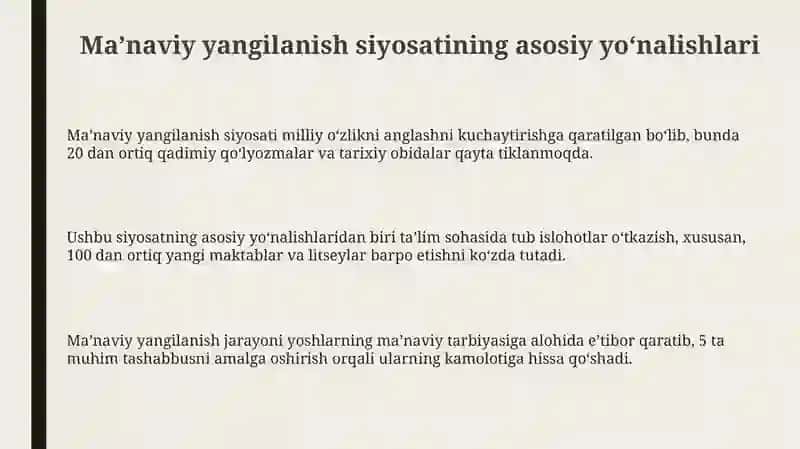 Yangi O'zbekistonda amalga oshirilayotgan ma'naviy o'zgarishlar 3