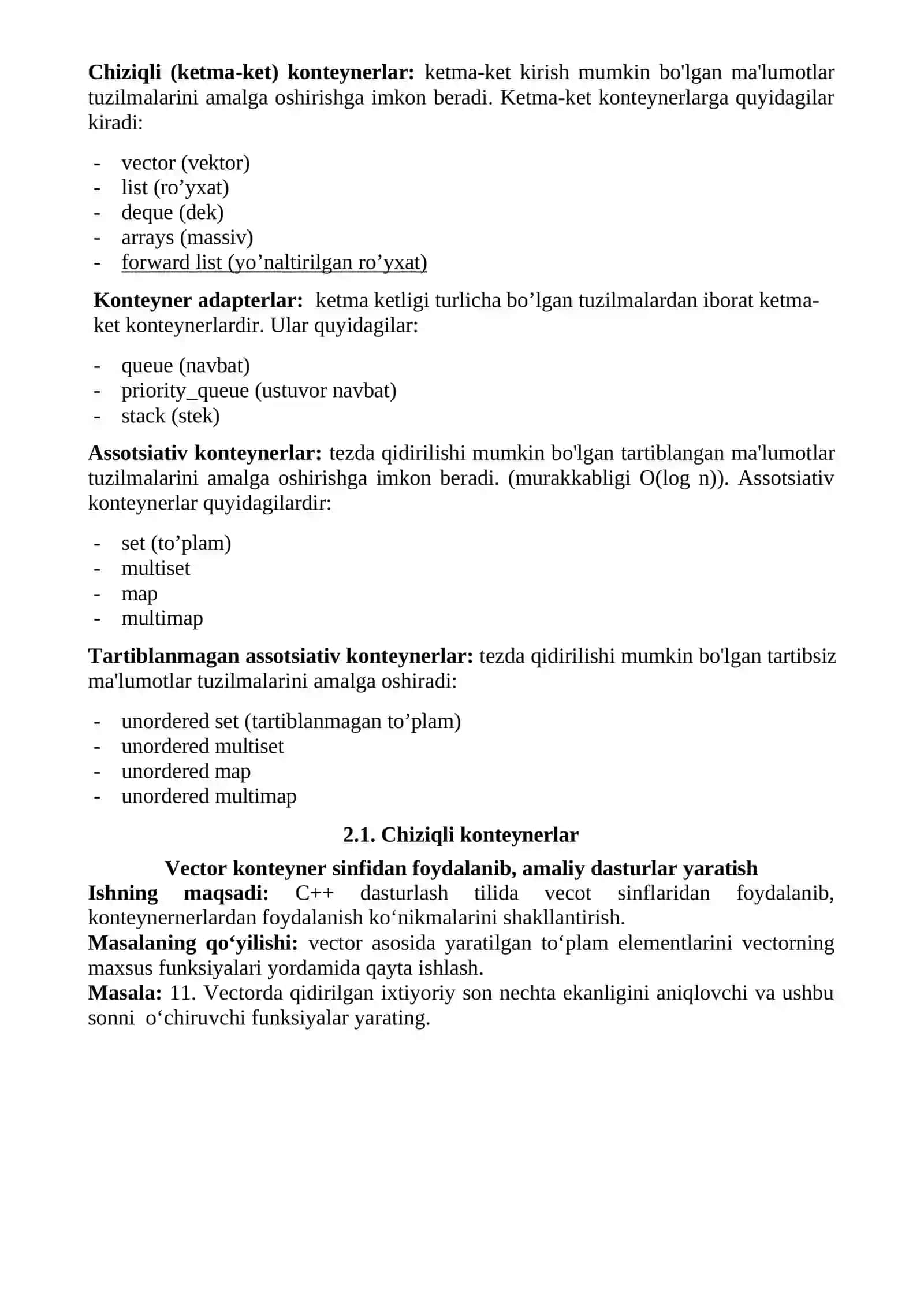 STL kutubxonalari. Kontеynеr sinflar, kontеynеrlar (kollеksiyalar). Chiziqli konteynerlar. Assosiativ kontеynеrlar. Tartiblanmagan assosiativ kontеynеrlar 3