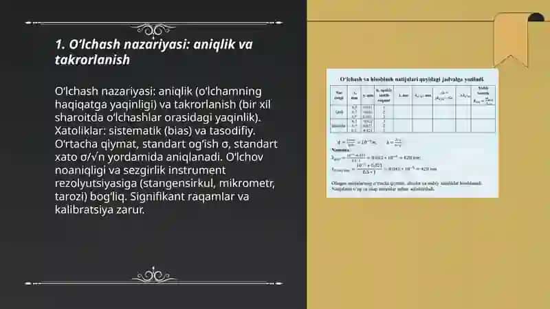Fizik parametrlarni oʻlchashda yoʻl qoʻyiladigan xatoliklarni hisoblash nazariyasi. Fizik kattaliklarning birliklari. Stangensirkul, mikrometr va tarozida oʻlchashni oʻrganish 3