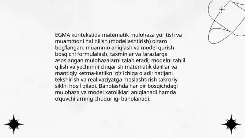 EGMA xalqaro baholash dasturida matematik mulohaza yuritish va muammoni hal qilish(modellashtirish)orasidagi bog'lanish sikli 3