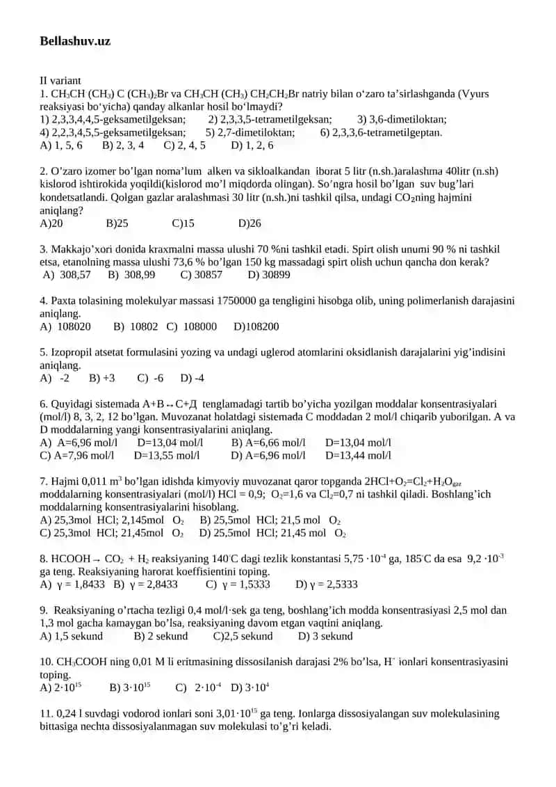 10-sinf Kimyo TEST 3
