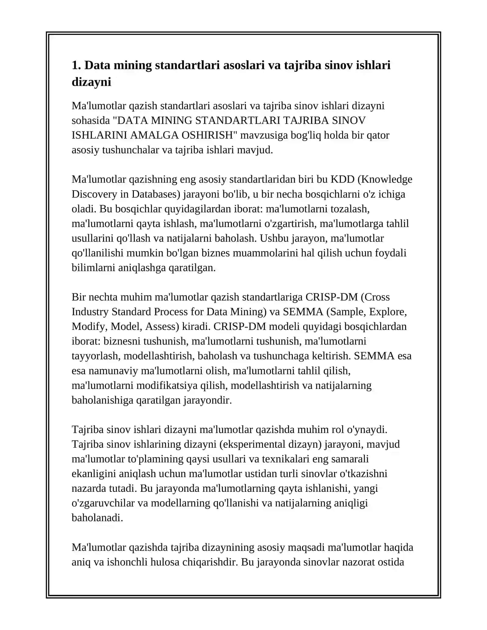 DATA MINING STANDARTLARI TAJRIBA SINOV ISHLARINI AMALGA OSHIRISH 3