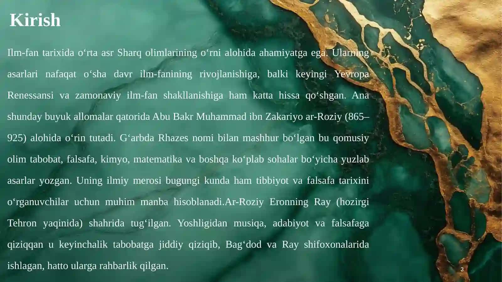 Abu Bakrar-Roziy(865–925)asarlarining roʻyxatini tuzish va ularning bugungi kundagi saqlangan makonlari boʻyicha koʻrsatkich 3