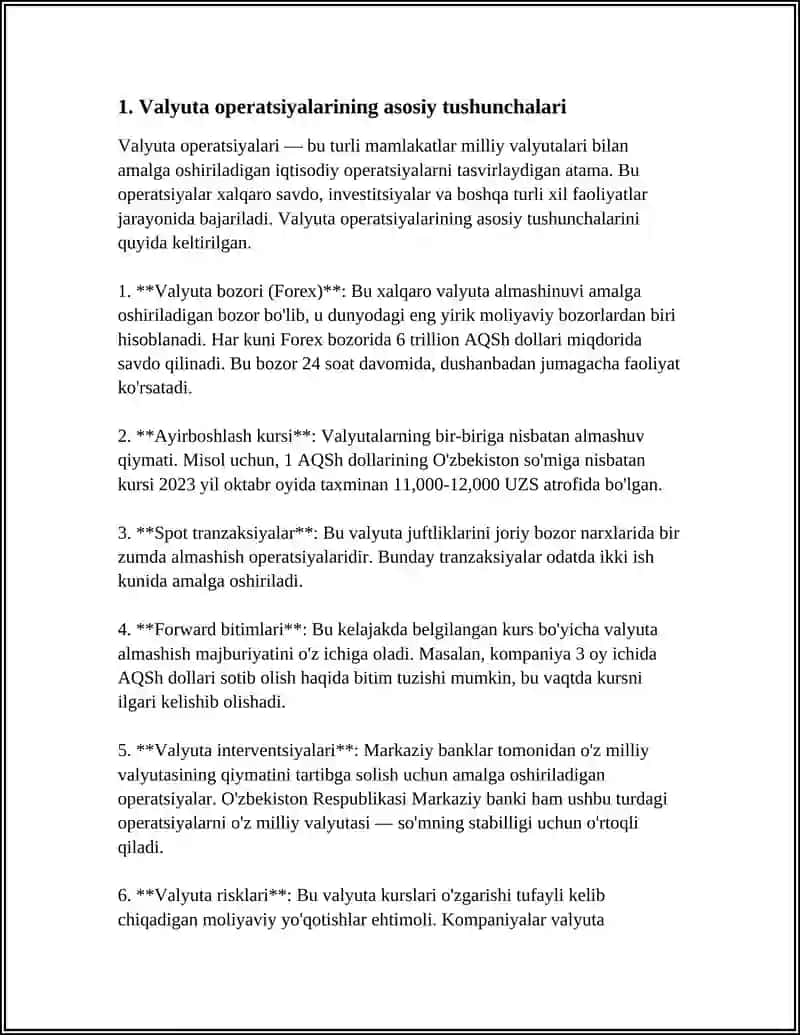 VALYUTA OPERASIYALARINI TASHKIL ETISH, VALYUTA POZITSIYASI VA NAZORATI 3