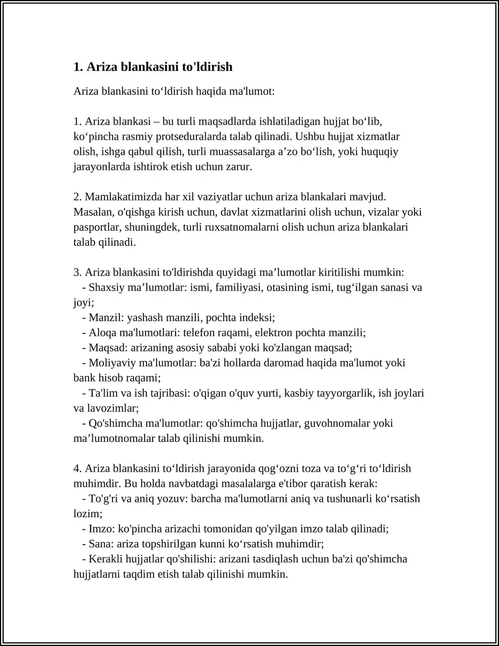 WORD MATN TAHRIRLAGICHIDA TURLI XIL BLANKALAR YARATISH (ARIZA, KASALLIK KARTASI, ANALIZLAR BLANKASI) 3