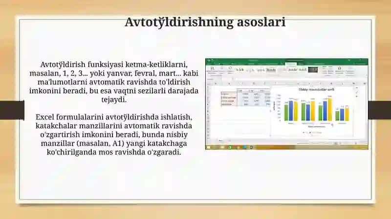 Excel dasturida avtoto’ldirishlar va avtohisoblashlar. Diagrammalar yaratish. 3