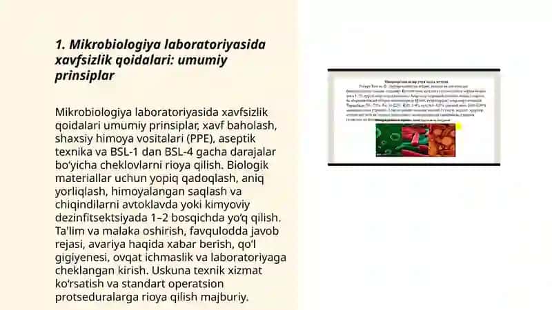 Mikrobiologiya laboratoriyasida xavfsizlik qoidalarini o'rganish. Biologik mikroskopiklar imkoniyatlarining kimyoviy tavsifi 3