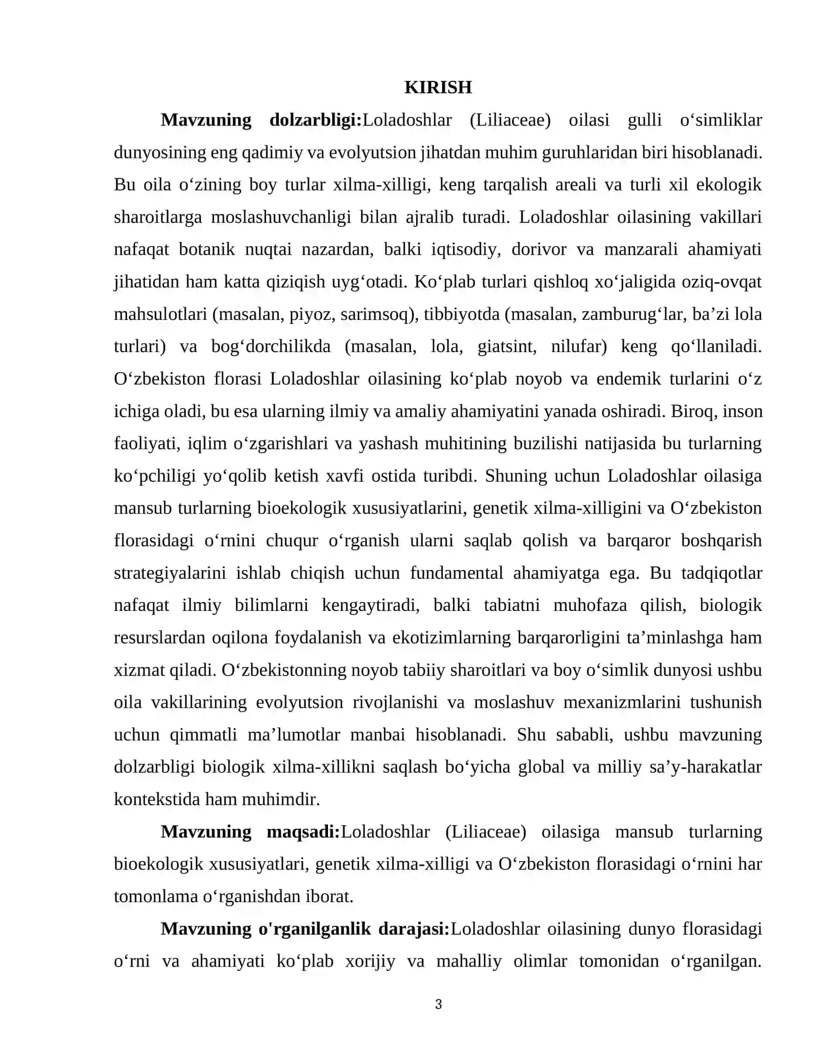 LOLADOSHLAR (LILIACEAE) OILASINING BIOEKOLOGIK XUSUSIYATLARI, GENETIK XILMA-XILLIGI VA O‘ZBEKISTON FLORASIDAGI O‘RNI 3