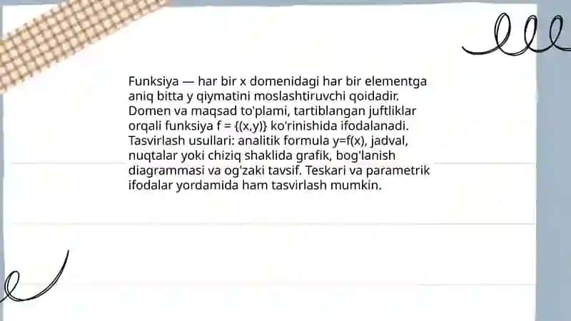 Funksiya tushunchasi. Funksiyaning asosiy xossalari. Elementar funksiya va ularni grafiklari 3
