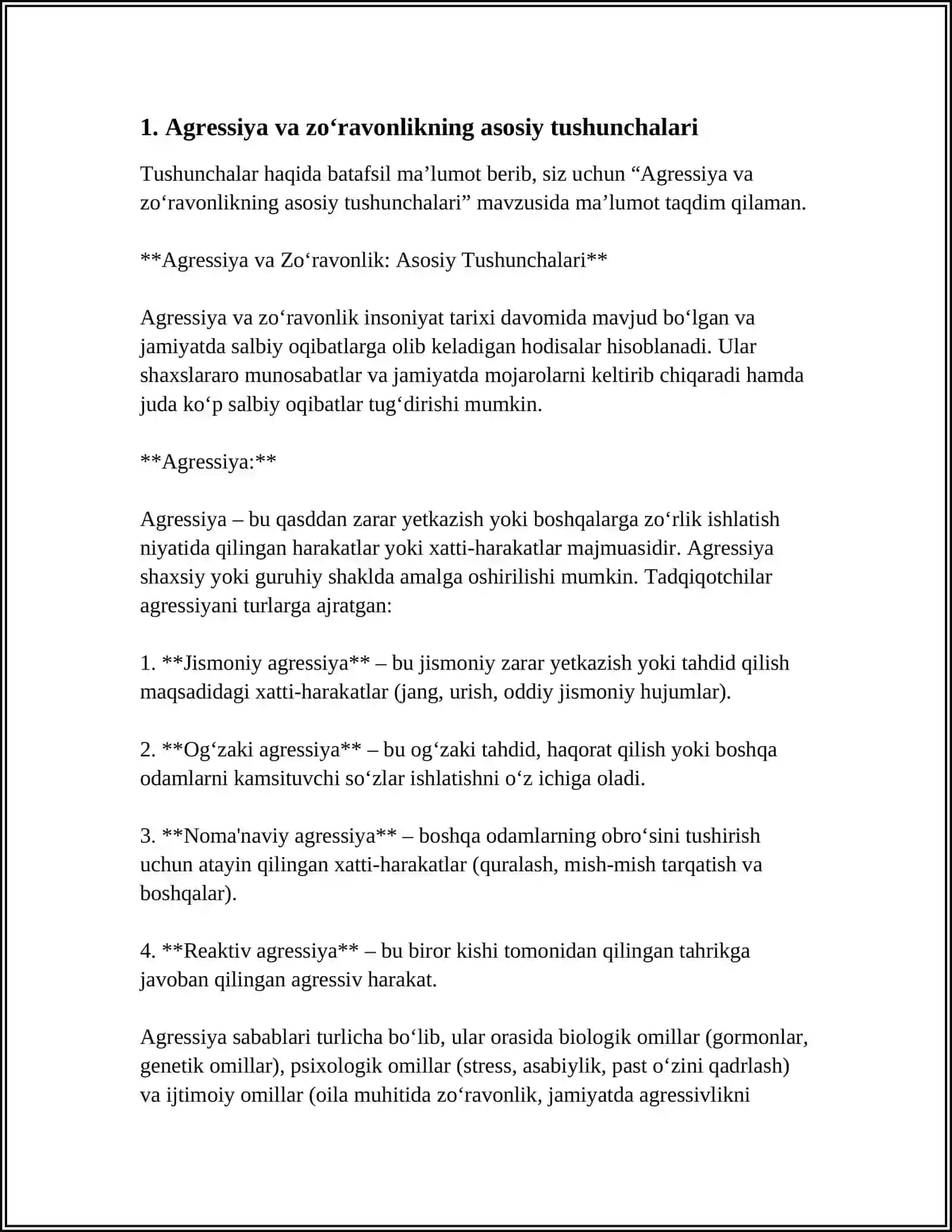 AGRESSIYA VA ZO'ROVONLIK HAQIDA TUSHUNCHA, UNING MOHIYATI 3