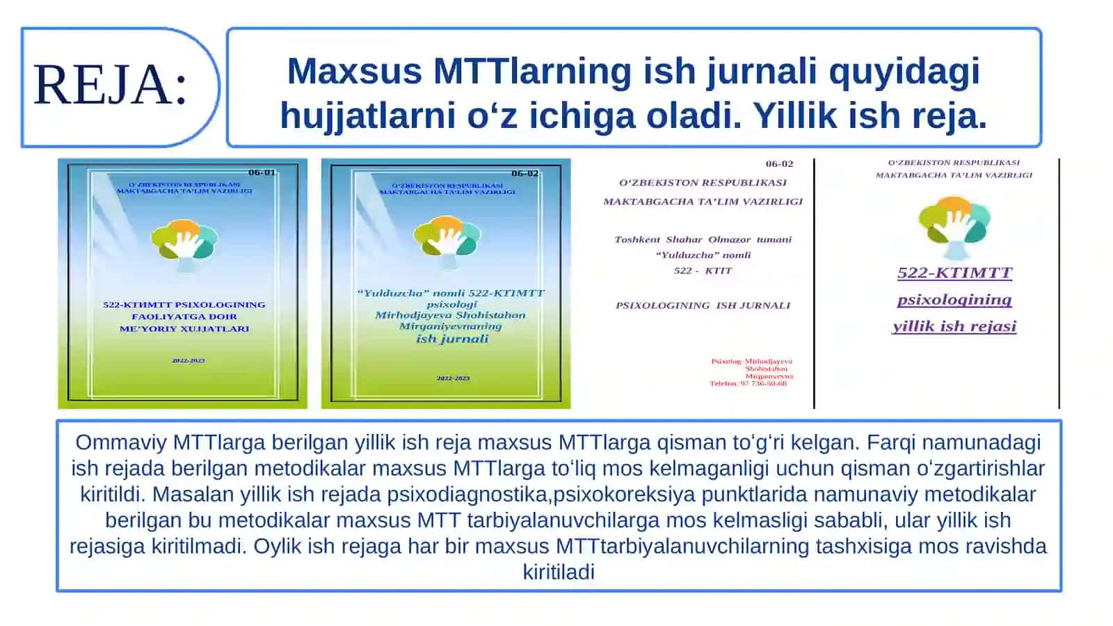 Koʻp tarmoqli ixtisoslashtirilgan maktabgacha taʼlim tashkiloti psixologining ish hujjatlari 3