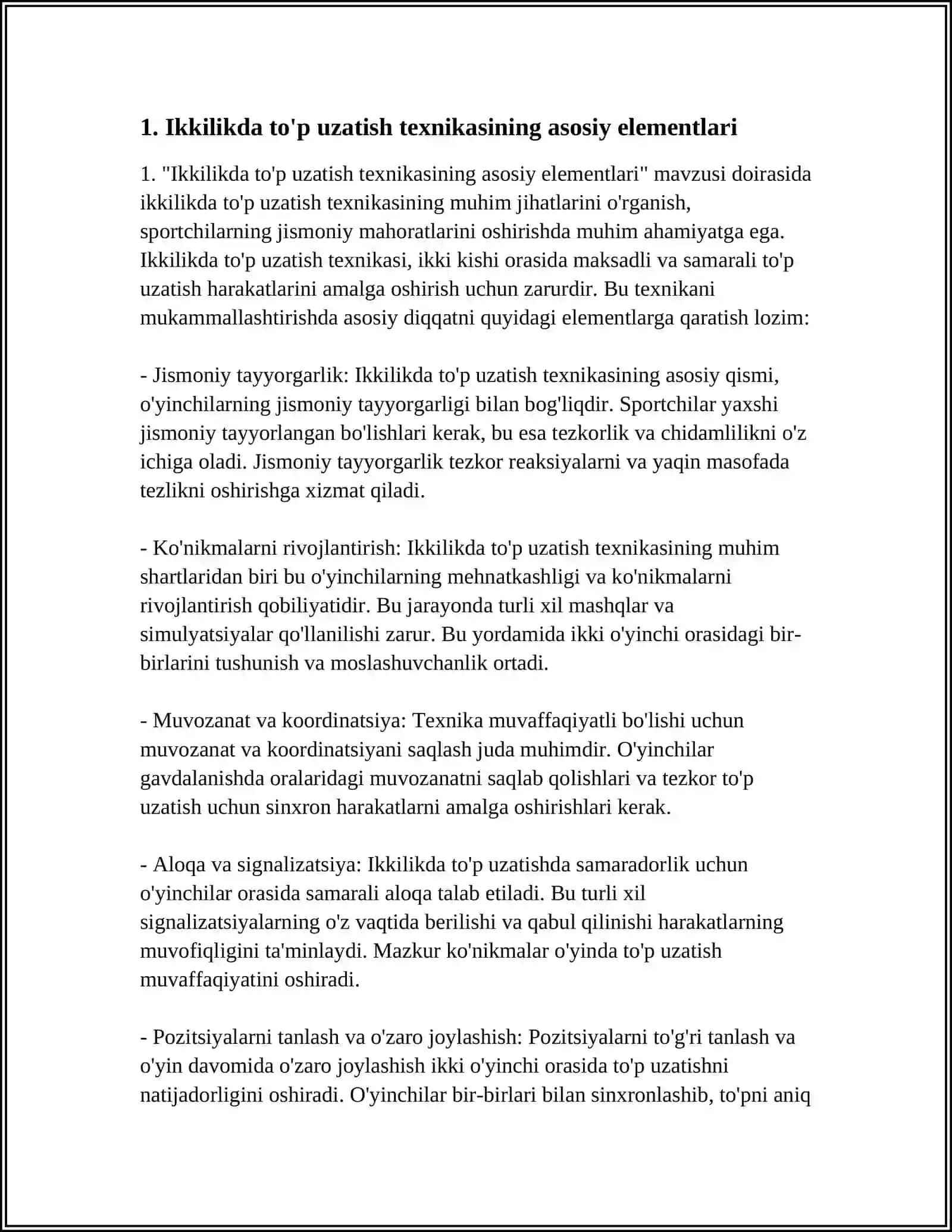 IKKILIK, UCHLIK, TOʻRTLIKLARDA TOʻP UZATISH TEXNIK HARAKATINI BAJARISHNI TAKOMILLASHTIRISH 3