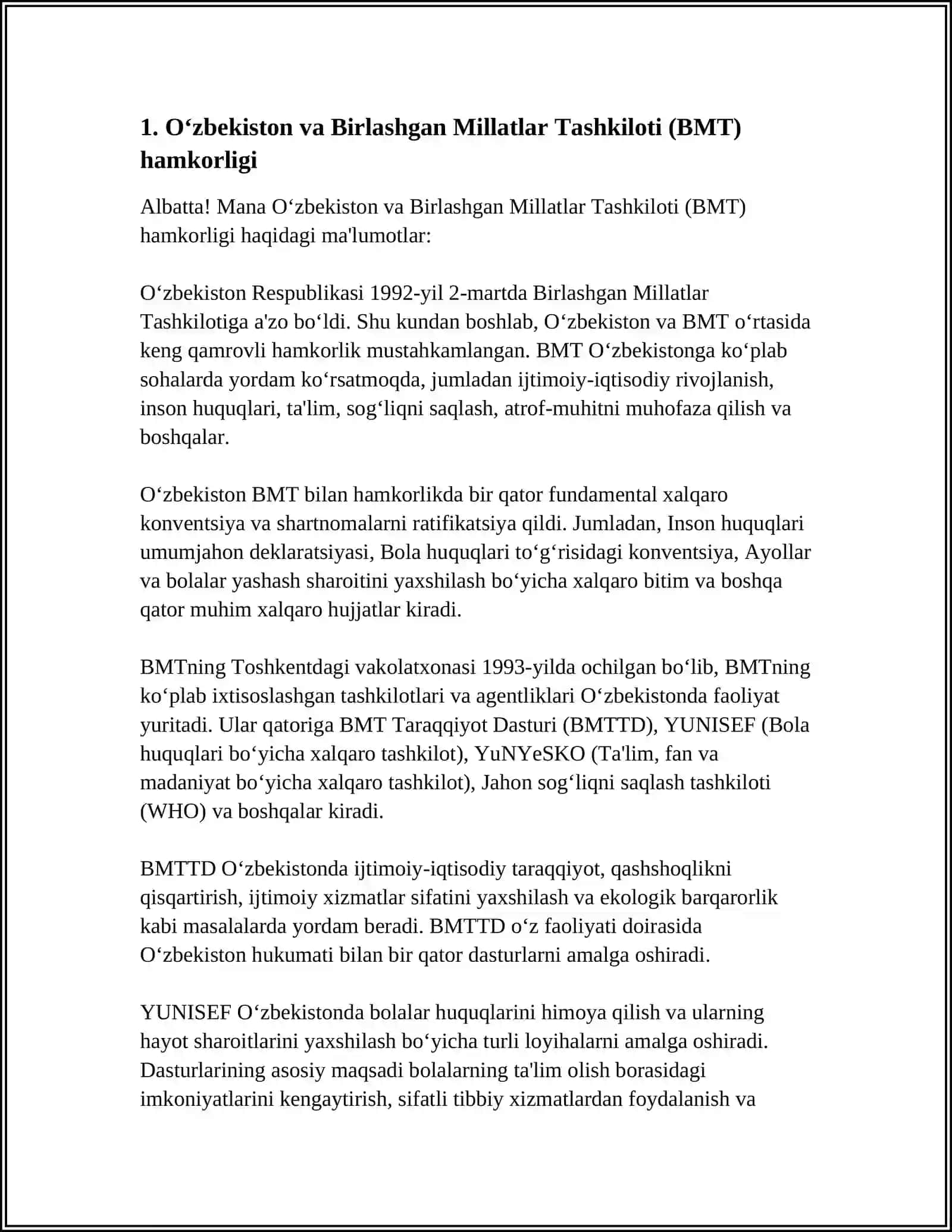 O‘zbekistonning Xalqaro Tashkilotlar Bilan Hamkorlik Aloqalari 3